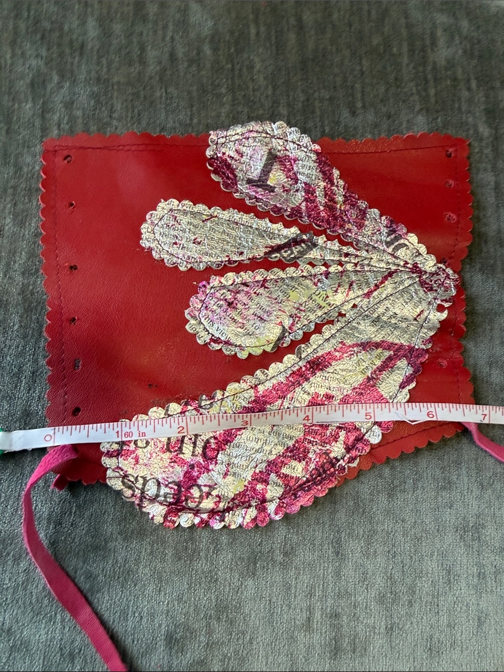 Red and Pink Leather Cuff Glove with Metallic Accents. - Picture 3 of 8